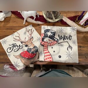 Set of 2 Farmhouse White Pillow cover with reindeer and Snowman